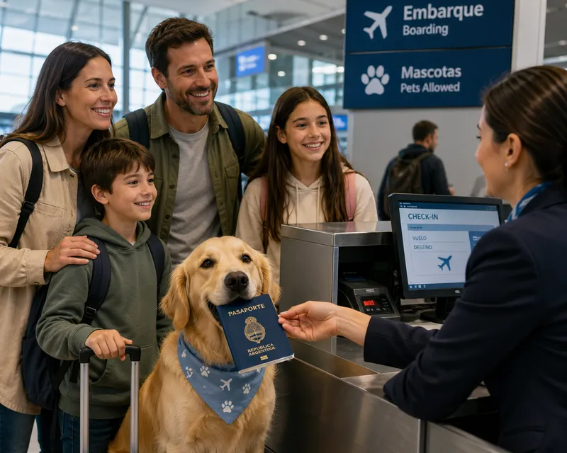 Family travelling through an airport with their dog and pet passport
