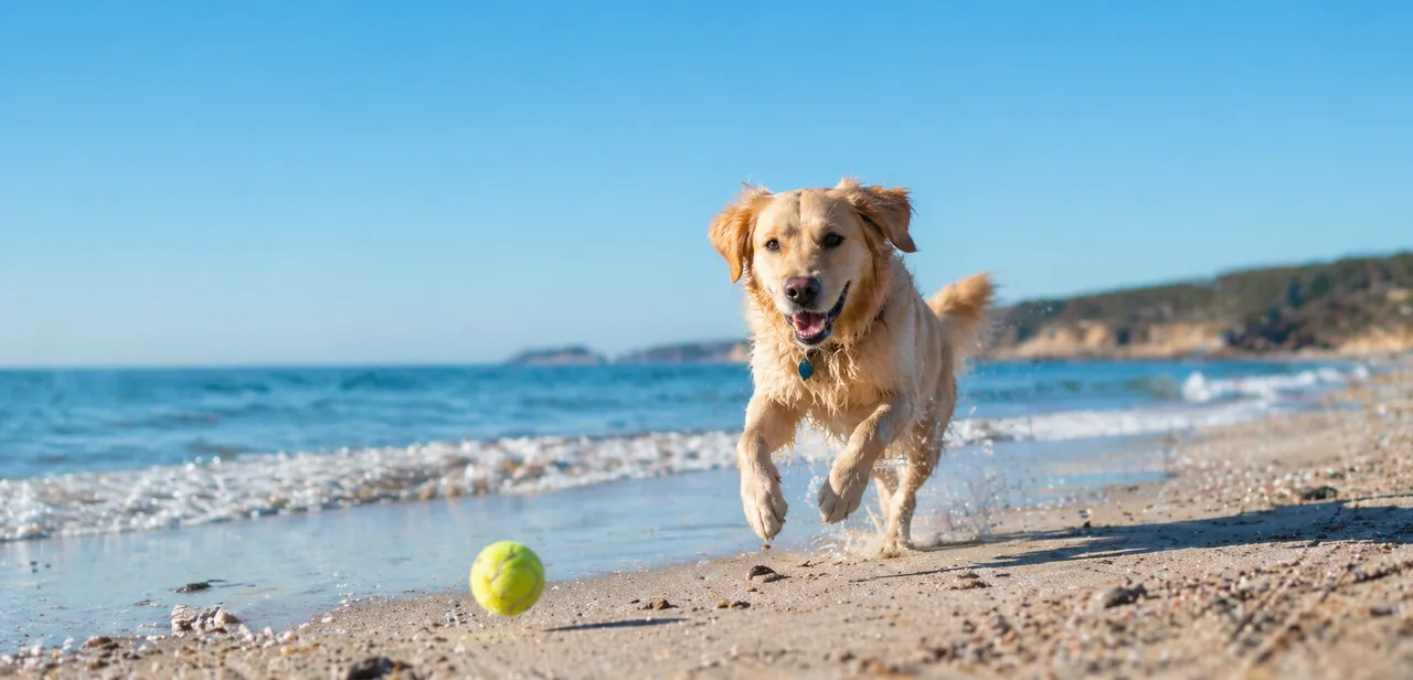 Golden retriever running along the shoreline on a sunny beach